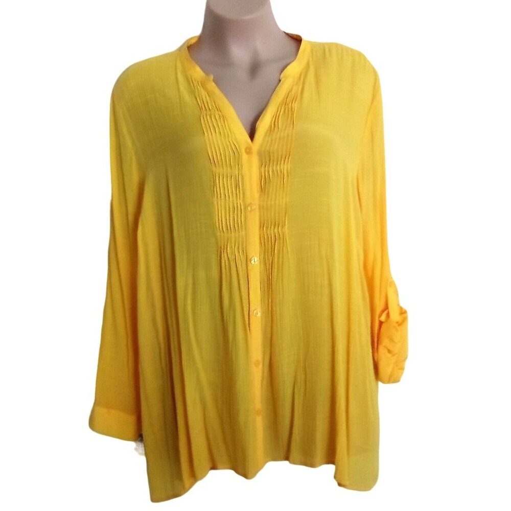 Catherines Top Size 3X Womens Yellow Button Down Blouse Long Roll-Tab Sleeve